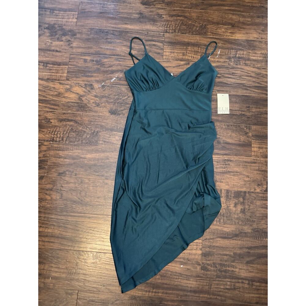 E.L.H. Studio Green Ruched Mini Dress Size Large Stretch Bodycon Sleeveless NWT